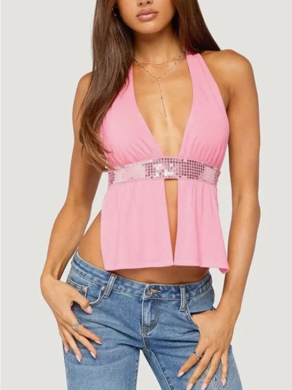 Edikted Pink Halter Sequin-Band Plunge Camisole